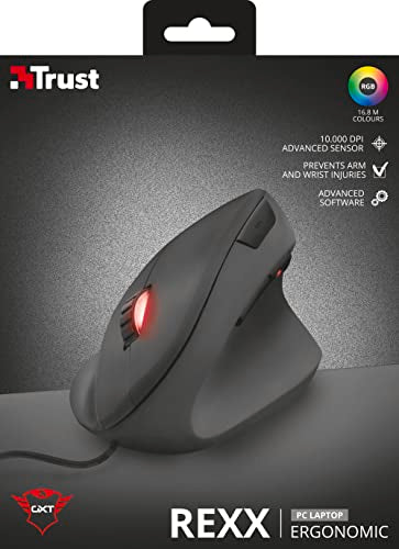 Trust Gaming GXT 144 Rexx Vertical Ergonomic Gaming Mouse, 250-10,000 DPI, 6 Buttons, Black | Ergonomic design prevention against mouse arm / tennis elbow (RSI syndrome), RGB LED lighting, black
