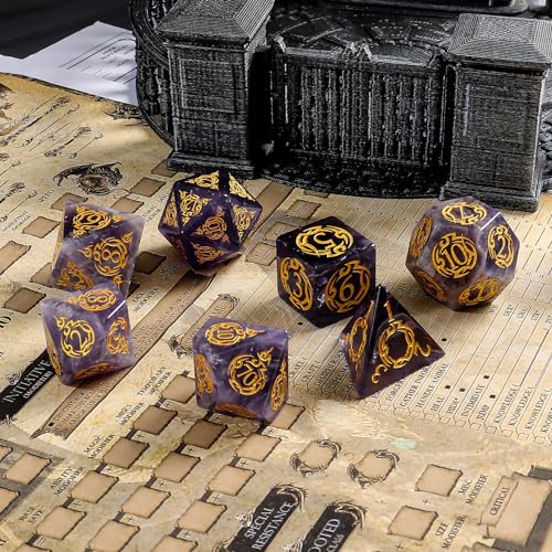 Amethyst Dice Dice Set, 7-Piece Handcrafted Polyhedral Dice with Gold Engraving, Ideal for D&D, RPG, MTG & Tabletop Games, Gift Box Included (Amethyst Totem) - color: Amethyst Totem