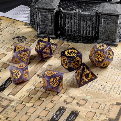 Amethyst Dice Dice Set, 7-Piece Handcrafted Polyhedral Dice with Gold Engraving, Ideal for D&D, RPG, MTG & Tabletop Games, Gift Box Included (Amethyst Totem) - color: Amethyst Totem