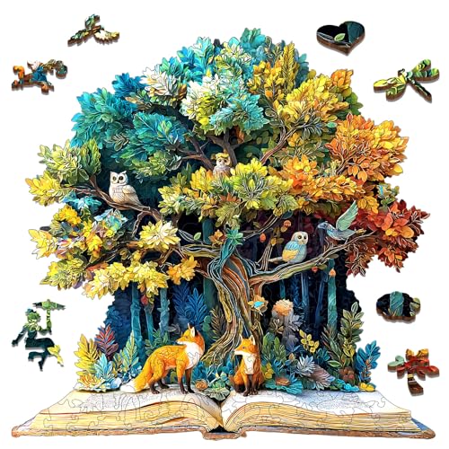 Mocfesk Tree of Life Puzzles for Adults, Colorful Forest Wooden Puzzles | Art Tree＆Book Jigsaw Puzzles, Fun Challenge Game Family Decor 16.4 x 16.9 in - color: Tree Book, size: Large