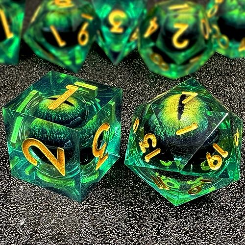 HAOMEJA DND Resin Dice Beholder's Dragon Eye Liquid Core Dice Set with Gift Eye Bag, Sharp Edges Dice Set 7 PCS Apply to Dungeons and Dragons Dice D20 D12 D10 D100 D8 D6 D4 (Eye Green) - color: 7 Eye Green