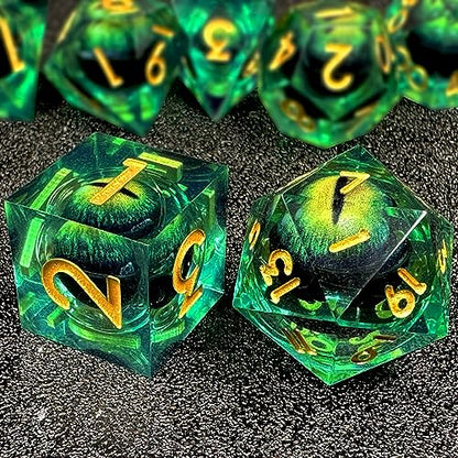 HAOMEJA DND Resin Dice Beholder's Dragon Eye Liquid Core Dice Set with Gift Eye Bag, Sharp Edges Dice Set 7 PCS Apply to Dungeons and Dragons Dice D20 D12 D10 D100 D8 D6 D4 (Eye Green) - color: 7 Eye Green