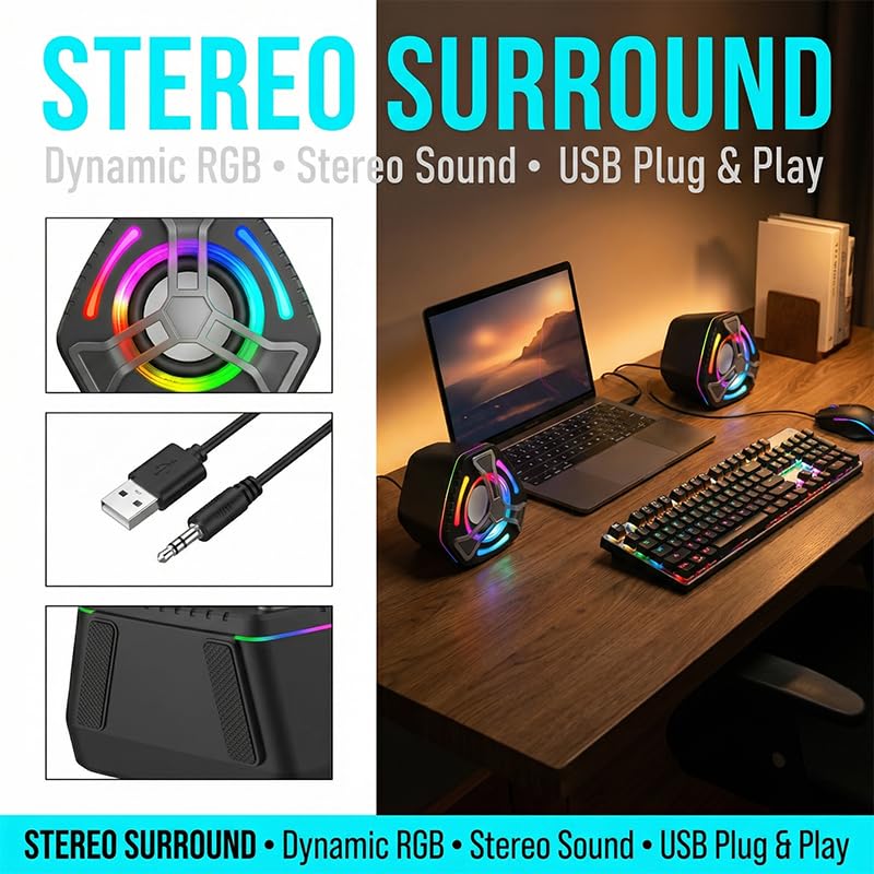 1 Pair Computer Speakers, Portable Mini PC Speakers, Desktop Gaming Speaker with Subwoofer, RGB Colorful Lights, Dual Volume, USB Powered, 3.5mm Aux Input, Stereo Surround Sound