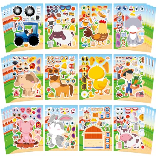 48 Sheets Create Funny Farm Animals Stickers, Make a Face Stickers for Boys and Girls, Travel Sticker Books, Party Favors, Birthday, Home, School and Activities Gifts for Kids Ages 3+ - style: Farm Animal