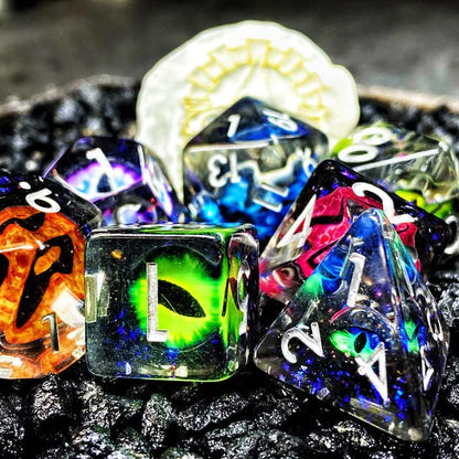 Sage's Portal Animal Familiars Resin DND Dice Set Polyhedral Dice Set for Dungeons and Dragons RPG Pathfinder Tabletop TTRPG (Bottled Rainbow Dragon Eyes) - color: Bottled Rainbow Dragon Eyes