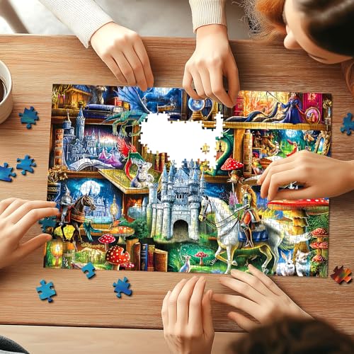 1000 Piece Fantasy Castle Bookshelf Jigsaw Puzzle for Adults, Dragons and Knights Theme, Fairy Tales Magical Castles Scene, Challenging Puzzle & Artwork - color: Fantasy Bookshelf