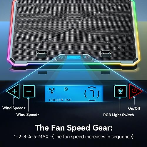 Gaming Laptop Cooler with 13 Ultra Quiet Fans, LCD Screen and Multi Color RGB - 10 Lighting Modes, 9 Adjustable Heights, Dual USB Ports, Built in Phone Holder for 15 to 21 Inch Laptops on Desk or Lap