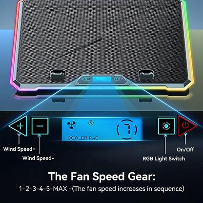 Gaming Laptop Cooler with 13 Ultra Quiet Fans, LCD Screen and Multi Color RGB - 10 Lighting Modes, 9 Adjustable Heights, Dual USB Ports, Built in Phone Holder for 15 to 21 Inch Laptops on Desk or Lap