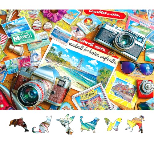 500 Piece Puzzles for Adults, Jigsaw Puzzle of Vintage Camera Postcard, Funny Puzzle, Perfectly Fitting Pieces, Home Decor Birthday Party Gift for Adults Seniors 23x15 Inches - color: Vintage Camera Postcard