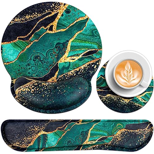 Mouse Pad Green with Wrist Rest Set, 3-in-1 Wrist Support Mousepad | Gaming Mat Pad with Anti-Skid Base,Ergonomic Mouse Pad ,Memory Foam Gel Wrist Rest for Computer Keyboard - color: Dark Green Marble