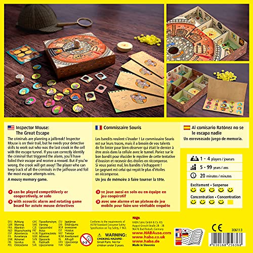 HABA Inspector Mouse: The Great Escape - Detective Board Games for Family Night, Cooperative Memory Games for Ages 5+, Includes 3D Playing Board with Fun Sounds