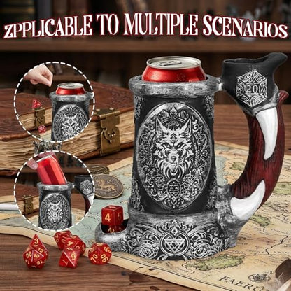 Dice Tower Mug, Dice Rolling Tower, Comes with 7 PCS Dice Set, Suitable for DND Dungeons and Dragons, Tabletop Games, Available As Drink Holder, D&D Gifts, DND Accessories (Silver-Black Wolf) - color: Silver-black Wolf