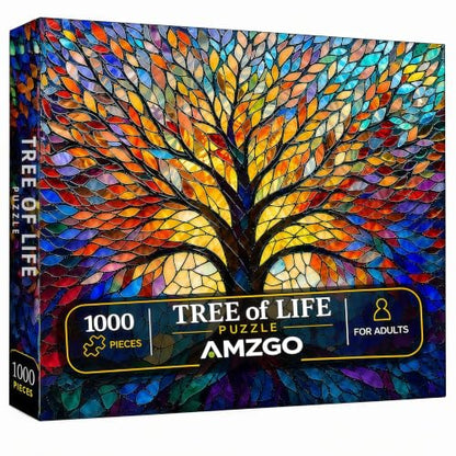 Amzgo® 1000 Pieces Stained Glass Jigsaw Puzzle, Beautiful Tree of Life Art Puzzles for Adults, Unique Fun Impossible Hard Difficult Challenging Pretty Puzzles, Colorful Mosaic Nature Puzzle