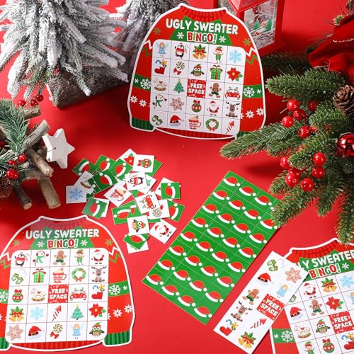 Blosssound Christmas Bingo Game for Kids & Adults, 24 Players Ugly Sweater Holiday Party Game Cards Set, Family Xmas Activities, Classroom & Office Party Supplies - style: Christmas