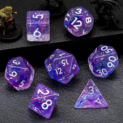 Resin D&D Dice Set, 7pcs Polyhedral Dice for Dungeons and Dragons, RPG, MTG, Role Playing Games (D4, D6, D8, D10, D12, D20, D%) Blue, Purple, Pink - color: Blue, Purple, Pink
