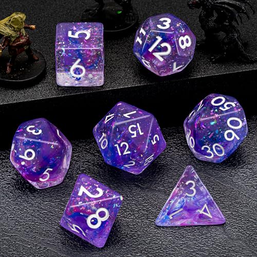 Resin D&D Dice Set, 7pcs Polyhedral Dice for Dungeons and Dragons, RPG, MTG, Role Playing Games (D4, D6, D8, D10, D12, D20, D%) Blue, Purple, Pink - color: Blue, Purple, Pink