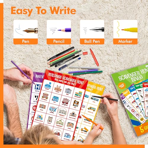 Road Trip Game Pad, 5 Games in 1 (Farm Animals, Car Colors, Buildings, Traffic Signs, Vehicles Scavenger Hunt Bingo), Pen Pencil Paper Game, Plane Trip/ Car Travel/Getaway Activity Pad for Kid, Adult - style: Scavenger hunt bingo