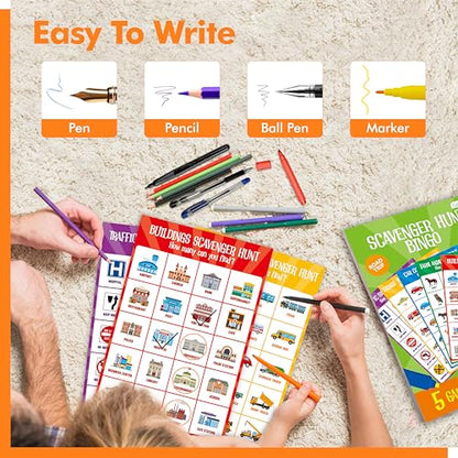 Road Trip Game Pad, 5 Games in 1 (Farm Animals, Car Colors, Buildings, Traffic Signs, Vehicles Scavenger Hunt Bingo), Pen Pencil Paper Game, Plane Trip/ Car Travel/Getaway Activity Pad for Kid, Adult - style: Scavenger hunt bingo