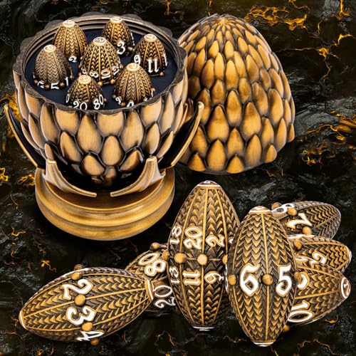 ARUOHHA DND Metal Dice Antique Gold Dragon Egg Dice with Rotating Dragon Egg Shell, Role Playing Game RPG Polyhedral D and D Dice Set D20 D12 D10 D8 D6 D4 - color: Ancient Gold