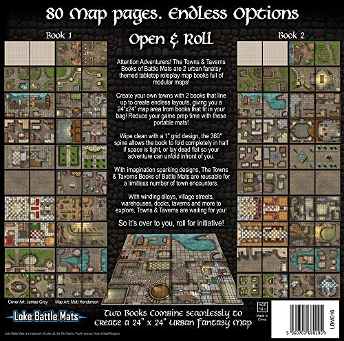 Towns and Taverns Books of Battle Mats by Loke | Modular Fantasy RPG Map Book Set with Lay-Flat Wipe-Clean Pages | Dual Slipcase for DND Pathfinder and Tabletop RPGs | Reusable Surfaces