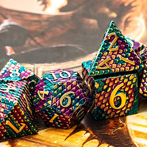 UDIXI DND Metal Dice Set Dragon Scale, D&D Dice Metal for Role Playing Games(Blue Purple-Golden Number) - color: Dragon Scale-purple and Blue