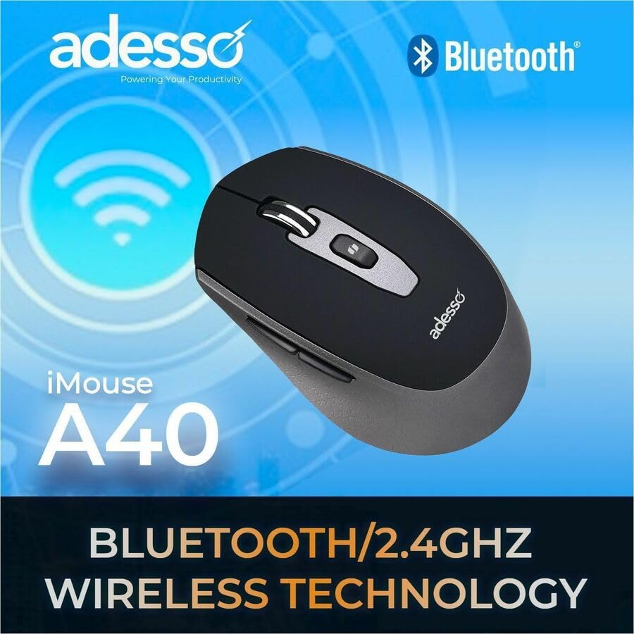 Adesso iMouse A40 Wireless Mouse, Bluetooth and 2.4GHz Dual Mode with USB-C Receiver, Copilot AI Hotkey, Quiet Click Switches, 3 Level DPI (1000/1600/2400), 6 Buttons for Windows and Mac