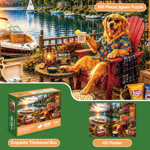 300 Piece Jigsaw Puzzle for Kids & Adults – Lake Life Scene with Golden Retriever, Boat, Cabin, Sunset Lake View & Outdoor Deck, Family Puzzle Gift for Boys Girls Ages 8+, 20.5 x 15 in - color: Lake Life