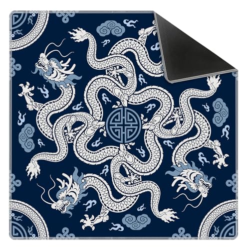 Blue Chinese Dragon Mahjong Mat 31.5" x 31.5", Vintage Oriental Chinoiserie Non-Slip Noise Reduction Mahjong Table Cover Accessories Supplies for Dominoes Poker Card Board and Tile Games Gifts - color: Blue Chinese Dragon