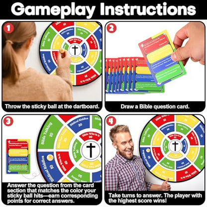 gisgfim 29" Large Faith Darts Bible Interactive Game 66 Trivia Cards with 264 Questions & 24 Sticky Balls, Christian Supplies for Church, Disciples, Sunday, Birthday Gift, Family