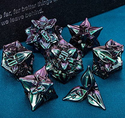 ARUOHHA DND Metal Dice Set Purple Green Leaf Design Polyhedral Dragons Dice with Box, 7PCS Dungeons D and D Dice Compatible with D&D RPG Role Playing Games D20 D12 D10 D8 D6 - color: Purple Green
