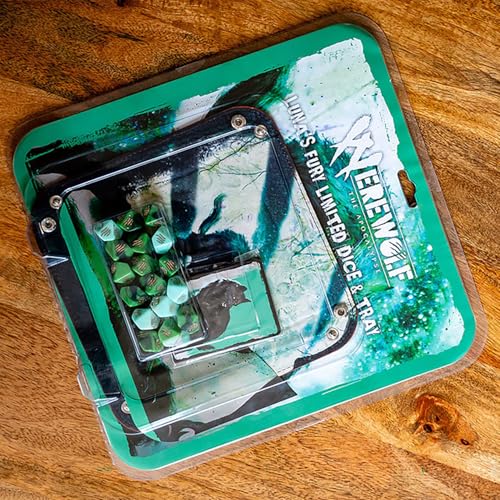 Renegade Game Studios Werewolf: The Apocalypse Luna's Fury Dice & Tray | Limited 5th Edition pack with 17 polyhedral dice, 5 rage dice, folding travel tray, and 5 illustrated Garou form cards