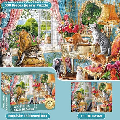 Puzzles for Adults 500 Pieces,Cute Cats Puzzle for Adults,Cozy House & Kittens Jigsaw Puzzles,Recyclable Cardboard Puzzles for Seniors,Puzzle for Family Game Nights, 20.5x15 in - style: Kittens