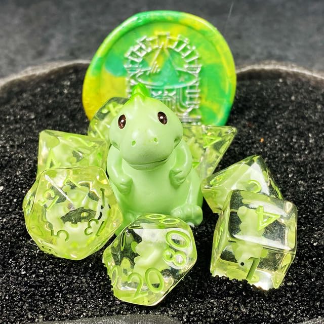 Sage's Portal Familiars Dice and Toy Set Combo Resin DND Dice Set Polyhedral Dice Set for Dungeons and Dragons RPG Pathfinder Tabletop TTRPG (Green Dragon+ Figurine) - color: Green Dragon, style: Dice Set +Mini Figure