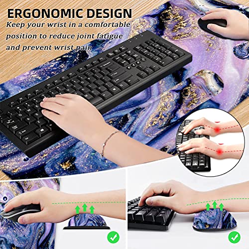 Large Mouse Pad with Wrist Rest, 4-in-1 Wrist Rest for Keyboard and Mouse | Non-Slip Waterproof Desk Mat Set, 35.4"x15.7" Desk Mat+Keyboard Wrist Rest+Mouse Wrist Support+Cup Coaster for Home Office - color: 4Pcs-Purple Marble