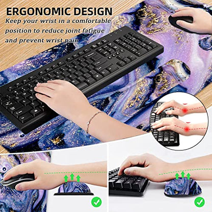 Large Mouse Pad with Wrist Rest, 4-in-1 Wrist Rest for Keyboard and Mouse | Non-Slip Waterproof Desk Mat Set, 35.4"x15.7" Desk Mat+Keyboard Wrist Rest+Mouse Wrist Support+Cup Coaster for Home Office - color: 4Pcs-Purple Marble