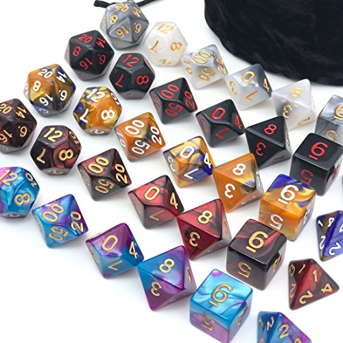 Assorted Polyhedral Dice Set with Black Drawstring Bag, 5 Complete Dice Sets of D4 D6 D8 D10 D% D12 D20 Great for Dungeons and Dragons DND RPG MTG Games