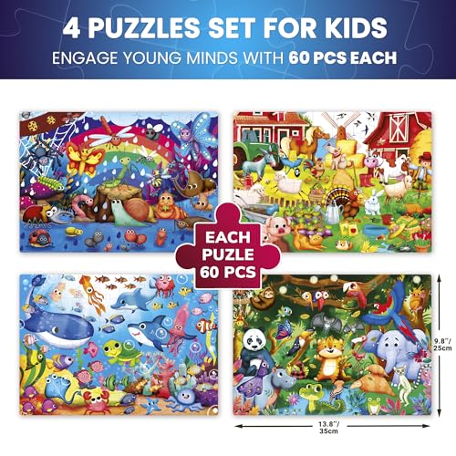 4 x 60 Piece Puzzles for Kids Ages 4-6 - Educational Kids Puzzles Ages 4-8 | Glow-in-the-Dark - Farm Bugs, Tropical and Ocean Animals - Toddler Puzzle - Learning Kids Games Ages 4-8 - Gift for Children - color: 4x60 Bugs