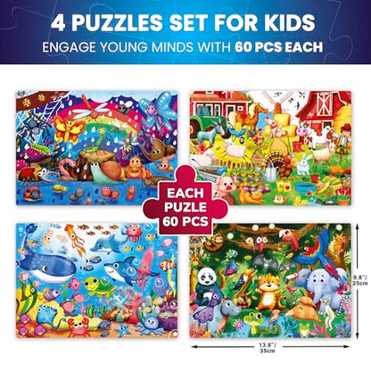 4 x 60 Piece Puzzles for Kids Ages 4-6 - Educational Kids Puzzles Ages 4-8 | Glow-in-the-Dark - Farm Bugs, Tropical and Ocean Animals - Toddler Puzzle - Learning Kids Games Ages 4-8 - Gift for Children - color: 4x60 Bugs