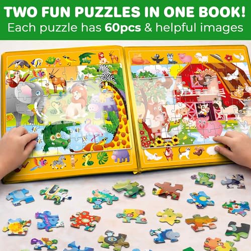 QUOKKA Magnetic Puzzles for Toddlers 3-5 – Search & Find 2 Pack, 60 Pieces Each – Travel Friendly Board with Hidden Objects, Farm and Africa Scenes – Educational Puzzle Gift for 3 Year Olds - color: Magnetic Farm