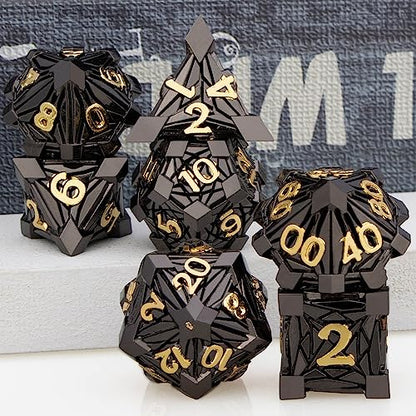 7PCS Metal DND Dice Set with Box, Debris RPG Black Gold D and D Dice for use with D&D Tabletop Games Role Playing Game Polyhedral Dice Set D20 D12 D10 D8 D6 D4 - color: Black Gold