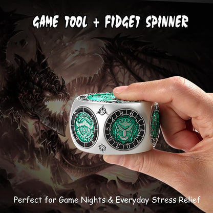 DNDND Unique Spinner D&D Dice, 8-in-1 Hexagonal Metal Dice with Dual D20 Monster Themed Dice Set for DND Dungeons and Dragons, Dungeon Masters with Collectible Gift Tin (Silver with Green) - color: Silver Green