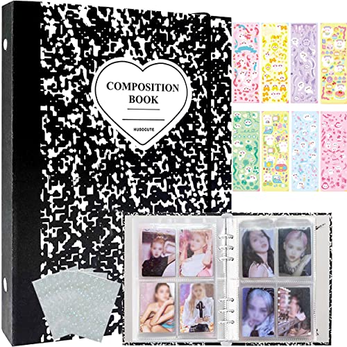 Kpop Photocard Binder 3 Inch, 25 Pocket Inner Pages, 50pcs Holographic Card Sleeves, 6 Sheets Cute Korean Stickers - color: Black