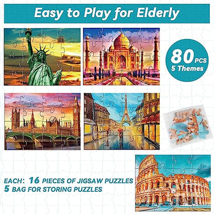 5 Packs 16 Piece Large Jigsaw Dementia Puzzles for Alzheimer’s Products Activities, Alzheimer's Puzzles Easy Memory Cognitive Games for Adults Gift with 5 Storage Bags, Construction - style: Construction