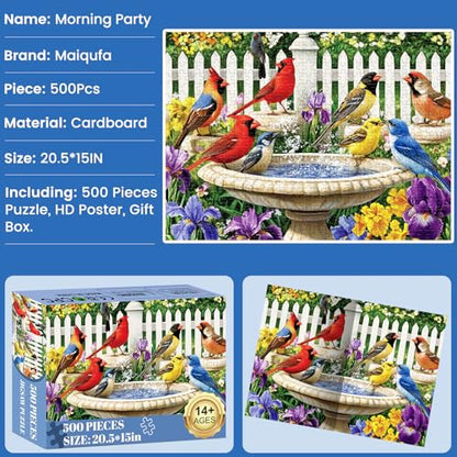 500 Pieces Puzzle for Adults,Birds Bath Flower Fence Puzzle,Recycled Cardboard Animals Jigsaw Puzzle 500 Pieces,Challenging Game Home Decor Birthday Party Gift Toy for Adults Seniors 20.5 * 15 in - style: Bath Birds