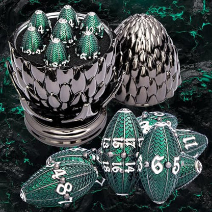 ARUOHHA DND Metal Dice Black Green Dragon Egg Dice with Rotating Dragon Egg Shell, Role Playing Game RPG Polyhedral D and D Dice Set D20 D12 D10 D8 D6 D4 - color: Black Green
