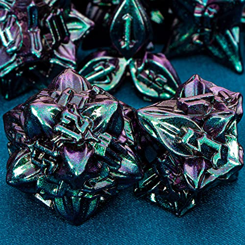 ARUOHHA DND Metal Dice Set Purple Green Leaf Design Polyhedral Dragons Dice with Box, 7PCS Dungeons D and D Dice Compatible with D&D RPG Role Playing Games D20 D12 D10 D8 D6 - color: Purple Green