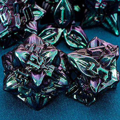 ARUOHHA DND Metal Dice Set Purple Green Leaf Design Polyhedral Dragons Dice with Box, 7PCS Dungeons D and D Dice Compatible with D&D RPG Role Playing Games D20 D12 D10 D8 D6 - color: Purple Green