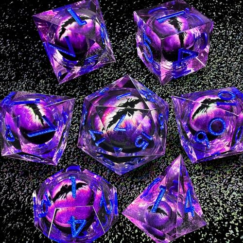 HAOMEJA Resin Dragon Eye DND Dice Set D&D 7 Pcs Resin Sharp Edge Role Playing Dice with Bag, Polyhedral Dungeons and Dragons Dice D20 D12 D10 D100 D8 D6 D4 (Purple & Eye Purple) - color: 7 Eye Purple & Purple