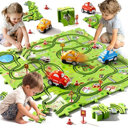Beby Buty 64PCS Puzzle Track Car Set Toys for Kids Boys, Toddler Toys Gifts for 3 4 5 Year Old, Floor Puzzle Tracks Car for Boys Ages 3-5 4-6, for 3 4 5 6 Year Old - style: 64 PCS City Theme