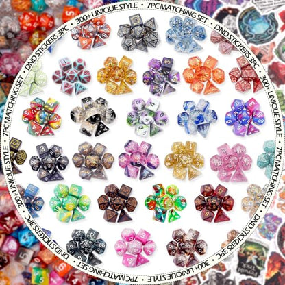 Haxtec Mystery DND Dice Set 7pcs Polyhedral Dice + 3 Funny Waterproof Stickers + Clear Tube Case, Mystery Dice for Dungeons & Dragons, Great DND Gift, No Duplicates in 2/5 Packs, Gift Box Included - style: Classic + Tube